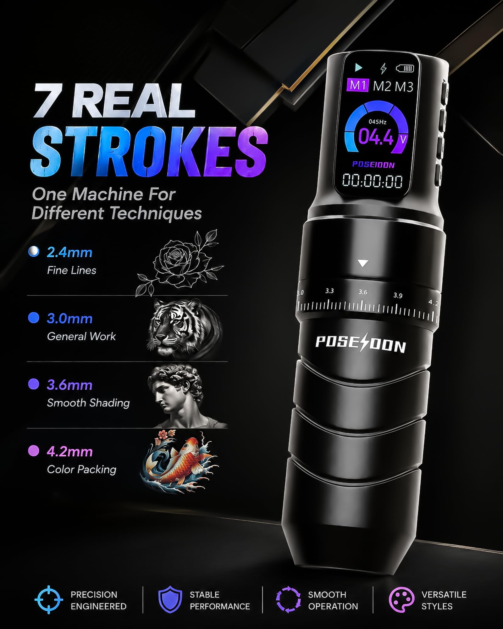 Wireless Tattoo Pen Kit by Poseidon - 2pcs Batteries 7 Strokes TK069