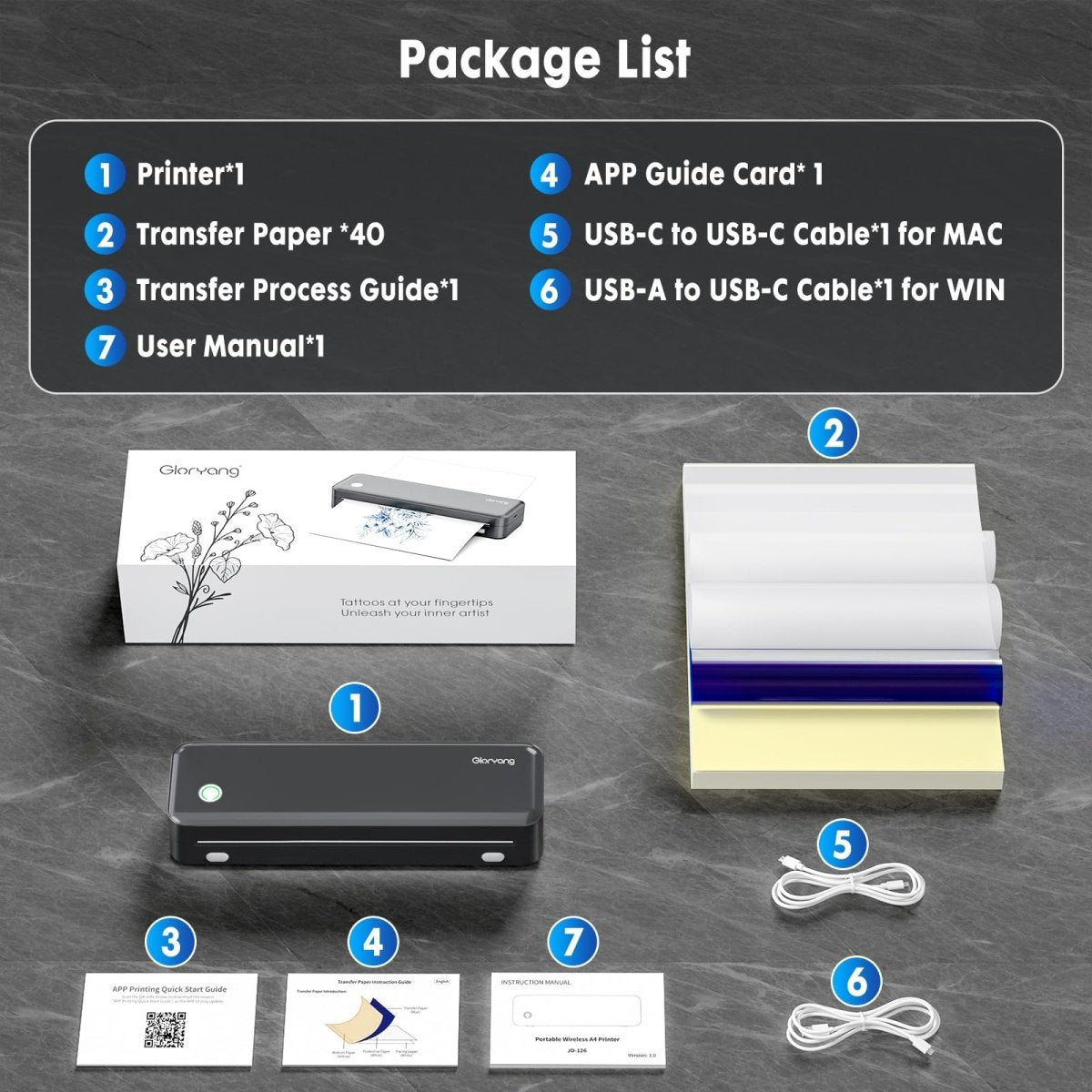 Gloryang Wireless Tattoo Stencil Printer Includes 40 Stencil Papers (Black) - Tattoo Unleashed