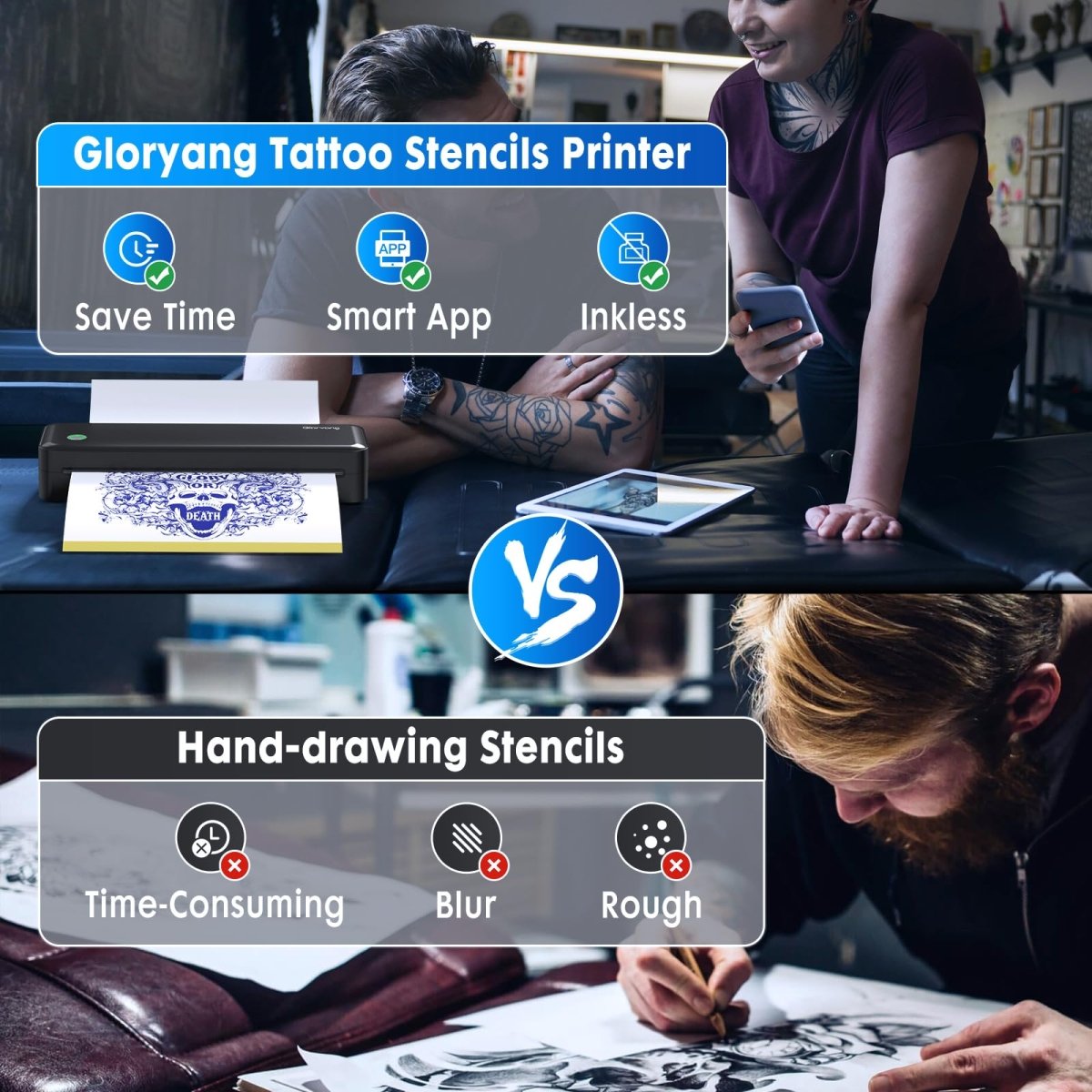 Gloryang Wireless Tattoo Stencil Printer Includes 40 Stencil Papers (Black) - Tattoo Unleashed