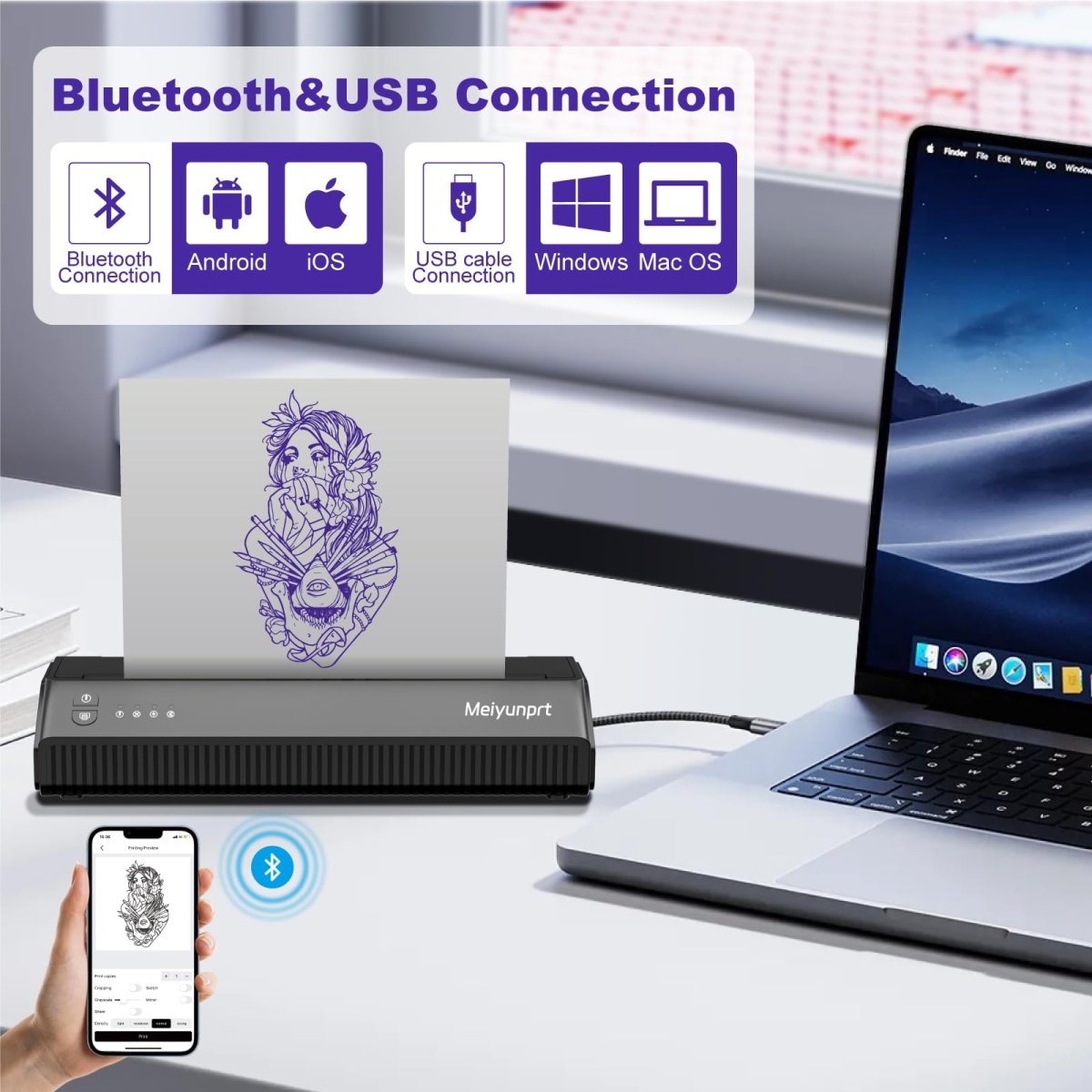 Wireless Tattoo Stencil Printet By Meiyunprt with 10pcs Stencil Paper - Tattoo Unleashed