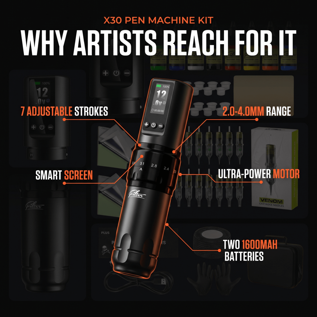 X30 Tattoo Pen Machine Kit with Stencil Printer, 7 Strokes (2.0-4.0mm) - Tattoo Unleashed